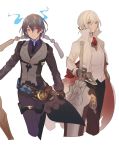  alice_(sinoalice) belt blue_eyes blue_hair choker expressionless eyebrows_visible_through_hair eyes_visible_through_hair formal genderswap genderswap_(ftm) gloves high_collar highres looking_at_viewer multiple_boys necktie red_eyes ruri_kokko sinoalice snow_white_(sinoalice) suit sword tailcoat weapon white_background white_hair 