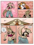  2018 anthro blue_eyes bra breasts bubbeh butt butt_expansion canine clothed clothing comic coyote crossdressing dickgirl digital_media_(artwork) duo feline fur gender_transformation intersex karnal male mammal mtf_transformation nipple_bulge orange_fur shocked tan_fur text tiger transformation underwear zeek 