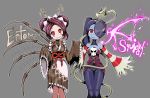  antennae blue_hair blue_skin breasts bug character_name commentary_request double_bun dress entoma_vasilissa_zeta fangs grey_background hair_over_one_eye highres insect insect_girl japanese_clothes kimono korean_commentary leviathan_(skullgirls) long_sleeves looking_at_viewer maid maid_headdress mixed-language_commentary multiple_girls overlord_(maruyama) purple_hair red_eyes scar scar_across_eye side_ponytail simple_background skull skullgirls smile squigly_(skullgirls) striped undead wide_sleeves x-ray ydg_(eorbsaos1004) zombie 
