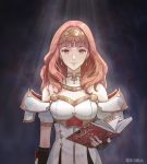  absurdres armor azto_dio cape celica_(fire_emblem) dress earrings fingerless_gloves fire_emblem fire_emblem_echoes:_mou_hitori_no_eiyuuou fire_emblem_heroes gloves highres jewelry long_hair open_mouth red_eyes red_hair simple_background smile solo tiara 