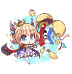  azur_lane blonde_hair blue_eyes cape chibi commentary_request double_bun food french_flag le_triomphant_(azur_lane) official_art open_mouth rapier solo sword tempura thighhighs weapon white_background 