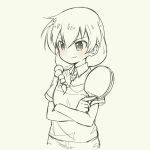  blush braid collared_shirt crossed_arms grey_background greyscale hair_between_eyes hair_over_shoulder holding long_hair monochrome paddle pas_(paxiti) sasorida_sachiko shakunetsu_no_takkyuu_musume shirt short_sleeves simple_background sketch smile solo spot_color table_tennis_paddle upper_body v-shaped_eyebrows wing_collar 