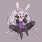  1girl amiba_(amiba00638239) animal_ears azur_lane bare_shoulders bdsm black_legwear blush bondage bound bound_arms bound_legs breasts bunny_ears bunnysuit collarbone controller elbow_gloves female full_body gag gagged gloves hairband hands_up heart heart-shaped_pupils improvised_gag laffey_(azur_lane) leotard long_hair medium_breasts pantyhose pink_eyes purple_background purple_gloves purple_leotard pussy_juice red_hairband remote_control remote_control_vibrator shiny shiny_clothes silver_hair simple_background sitting solo spread_legs strapless strapless_leotard symbol-shaped_pupils tape tape_gag tied_hair twintails vibrator vibrator_cord vibrator_under_clothes wet wet_clothes 