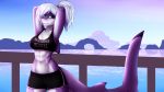  abs anthro arms_above_head athletic blue_eyes bra breasts clothed clothing female fish hands_behind_head looking_at_viewer marine outside salvia_carhina shark solo sports_bra standing thresher_shark track_shorts underwear wide_hips xaenyth 