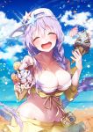  :d ^_^ bb_(fate)_(all) bb_(swimsuit_mooncancer)_(fate) beach blue_sky blush braid breasts character_name closed_eyes cloud collarbone day eyebrows_visible_through_hair fate/grand_order fate_(series) food hat highres ice_cream kanola_u large_breasts long_hair navel ocean open_mouth purple_hair single_braid sky smile solo star swimsuit white_hat 
