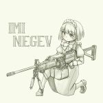  apron blush bow bowtie closed_mouth eyebrows_visible_through_hair frills grey_background greyscale gun highres holding holding_gun holding_weapon imi_negev juliet_sleeves loafers long_sleeves machine_gun maid maid_apron maid_headdress monochrome one_knee original pas_(paxiti) puffy_sleeves shoes short_hair simple_background solo trigger_discipline weapon 
