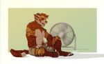  2018 5_fingers anthro biceps claws clothed clothing curled_horns digital_drawing_(artwork) digital_media_(artwork) feline fluffy fur heat_(disambiguation) horn hybrid koorivlf_tycoon male mammal mechanical_fan multicolored_fur muscular muscular_male open_mouth partially_clothed paws pecs procyonid raccoon red_fur shorts simple_background sitting solo striped_fur stripes tiger topless white_fur xantouke 