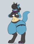  anthro coldfrontvelvet collar looking_at_viewer lucario male navel nintendo piercing pok&eacute;mon pok&eacute;mon_(species) smile solo standing thick_thighs tongue tongue_out tongue_piercing video_games wide_hips 