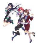  4girls ;d bekkourico black_footwear black_hair black_skirt blue_scarf blue_shirt boots brown_hair dress_shirt floating_hair full_body green_eyes index_finger_raised jacket jumping kakumeiki_valvrave leg_up legs_up long_hair long_sleeves looking_at_viewer miniskirt multiple_girls nobi_marie one_eye_closed open_clothes open_jacket open_mouth pencil_skirt ponytail red_eyes red_hair red_jacket red_skirt renboukouji_akira rukino_saki sashinami_shouko scarf shirt short_hair simple_background skirt smile standing standing_on_one_leg thigh_boots thighhighs very_long_hair white_background white_shirt 