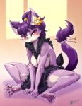  2018 anthro apron big_breasts blush breasts cat clothed clothing eyelashes feline female fur hair hi_res kemono mammal melonleaf naked_apron pawpads purple_fur purple_hair red_eyes signature smile solo spread_legs spreading 