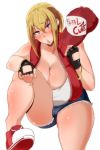  baseball_cap blonde_hair blue_eyes breasts cleavage commentary_request elizabeth_(ren0522) fatal_fury fingerless_gloves genderswap gloves hat huge_breasts looking_at_viewer midriff mole mole_on_breast mole_under_mouth navel parted_lips ponytail shorts snk snk_heroines:_tag_team_frenzy solo terry_bogard unzipped 