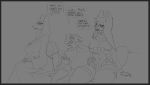  2018 anthro bat big_breasts breasts canine chips_(food) clothed clothing dialogue dog dusk_(tabuley) english_text eyeliner female food fox fruit_bat fully_clothed grey_background greyscale headwear laverne_(sssonic2) legwear looking_at_another makeup mammal monochrome nun open_mouth potato_chips shirt shorts simple_background sitting size_difference sketch stockings tabuley tank_top text 