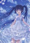  :d absurdres ahoge bangs blue_eyes blue_hair blue_sky blush cherry_blossoms cloud commentary_request coraman day dress eyebrows_visible_through_hair hair_between_eyes highres layered_dress long_hair looking_at_viewer neck_ribbon open_mouth original outdoors petals pleated_dress puffy_short_sleeves puffy_sleeves ribbon short_sleeves sky smile solo twintails upper_teeth very_long_hair water_drop white_dress white_ribbon 