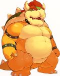  2018 3_toes anthro belly bowser collar front_view hair koopa korosuke looking_at_viewer male mario_bros muscular muscular_male navel nintendo open_mouth red_hair scales scalie shell short_tail simple_background solo spiked_armlet spiked_collar spikes standing toes video_games white_background yellow_eyes yellow_scales 