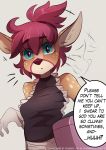  2018 alexis_(character) anthro blue_eyes breasts cervine clothed clothing comic eyes_closed fallow_deer female fortunate_mixup hair maid_uniform mammal red_hair simple_background speech_bubble uniform white-tailed_deer zero-sum 