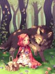  :d animal basket big_bad_wolf_(grimm) blonde_hair bottle bow braid bunny capelet cloak commentary dress flower forest full_body grass hair_bow holding holding_flower hood hood_up hooded_cloak ivy little_red_riding_hood little_red_riding_hood_(grimm) long_hair long_sleeves mushroom nature open_mouth original pink_eyes pood1e red_cloak sitting smile towel tree twin_braids wolf yellow_eyes 
