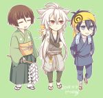  3boys :&lt; =_= animal_ears artist_name bandana bishounen blue_eyes blue_hair bow brown_hair commentary_request dated flower_knot fox_boy fox_ears full_body gohei green_background hair_bow hakama holding ishikirimaru japanese_clothes kogitsunemaru long_hair male_focus mikazuki_munechika moegi_(honey_122) multiple_boys open_mouth red_eyes sandals simple_background smile standing tabi tassel touken_ranbu towel towel_around_neck turtleneck very_long_hair white_hair 