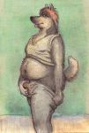  anthro bd belly blep bulge canine clothed clothing fur hair holding_bulge looking_at_viewer male mammal navel raised_tail slightly_chubby solo stain tongue tongue_out traditional_media_(artwork) urine 