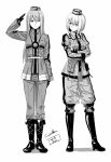  2nd_lieutenant_dominique_(eiyuu_densetsu) boots breasts cross-laced_footwear crossed_arms dated eiyuu_densetsu full_body garrison_cap gloves greyscale hat long_hair long_sleeves looking_at_another medium_breasts military military_uniform monochrome multiple_girls pants salute sen_no_kiseki shirt short_hair signature simple_background small_breasts smile standing straight_hair tank_officer_virginie_(eiyuu_densetsu) uniform werkbau white_background 