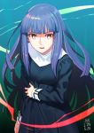  asagami_fujino bangs banned_artist blue_dress breasts colorful dress fate/grand_order fate_(series) hiba_(jun) japanese_clothes kara_no_kyoukai long_hair long_sleeves multicolored purple_hair red_eyes school_uniform solo type-moon 