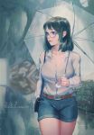  artist_name bag belt black_eyes black_hair blurry breasts bush cleavage collarbone cowboy_shot dated denim denim_shorts depth_of_field eyelashes glasses handbag highres lips lipstick looking_to_the_side makeup medium_hair muted_color original rain shorts solo umbrella walking wudi_sao_nian 