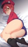  absurdres ae-3803 ahoge ass bed_sheet black_legwear cabbie_hat chirimen_jakko denim denim_shorts hat hataraku_saibou highres jacket looking_at_viewer lying name_tag on_side red_blood_cell_(hataraku_saibou) red_hair red_hat red_jacket short_hair short_shorts shorts socks solo tears thighs yellow_eyes 