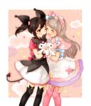  ;d ^_^ animal_band_legwear animal_ears bangs black_hair black_legwear blue_bow blue_shirt bow bunny bunny_ears cheek-to-cheek closed_eyes cloud commentary_request cosplay demon_tail gloves grey_hair hair_bow highres holding_hands kuromi kuromi_(cosplay) long_hair love_live! love_live!_school_idol_project maid_headdress minami_kotori multiple_girls my_melody my_melody_(cosplay) nail_polish one_eye_closed one_side_up onegai_my_melody open_mouth pink_background pink_legwear pink_shirt ponpei_(pp_itt) red_eyes red_nails shirt short_sleeves skirt skull_print smile star starry_background striped striped_shirt tail thighhighs twintails vertical-striped_shirt vertical_stripes white_gloves wristband yazawa_nico 