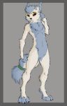  3_toes 5_fingers alien anthro black_sclera blue_fur canine chest_tuft featureless_chest female flat_chested fur gthusky lonviel mammal multicolored_fur navel nude purple_iris simple_background solo toes tuft two_tone_fur white_fur 