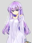  circlet closed_mouth commentary dress fire_emblem fire_emblem:_seisen_no_keifu grey_background lavender_hair long_hair long_sleeves purple_eyes simple_background smile solo twitter_username white_dress yukia_(firstaid0) yuria_(fire_emblem) 