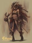  absurdres barbarian blood_drip bodypaint braid brown_hair commentary fantasy full_body headdress highres holding holding_sword holding_weapon horns long_hair nishi original sepia severed_head simple_background solo sword weapon 