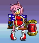  amy_rose boots bracelet breasts choker clothed clothing colored detailed_background dress eyelashes female footwear fur gloves green_eyes hairband half-closed_eyes hammer hand_on_hip hedgehog jewelry looking_at_viewer mammal piko_piko_hammer pink_fur pose sassy smile solo sonic_(series) sr tools twindrills video_games 