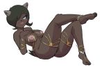  2018 anthro barefoot bedroom_eyes blue_eyes blush breasts brown_fur brown_hair butt carnissa_(dofus) clothing covering_pussy dbaru digital_media_(artwork) dofus ecaflip feline female fur hair hair_over_eye half-closed_eyes lingerie lipstick looking_at_viewer lying makeup mammal nipples nude on_back seductive simple_background sketch smile solo white_background 