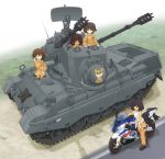  antiaircraft_weapon bangs black_footwear blue_eyes brown_eyes brown_hair closed_eyes commentary_request dark_skin day emblem eyebrows_visible_through_hair fading flakpanzer_gepard freckles girls_und_panzer gloves grass green_eyes ground_vehicle hand_on_hip highres holding hoshino_(girls_und_panzer) ichigotofu jumpsuit leopon_(animal) long_sleeves looking_at_another mechanic military military_vehicle motor_vehicle motorcycle multiple_girls nakajima_(girls_und_panzer) open_mouth orange_jumpsuit outdoors partial_commentary road shadow shirt shoes short_hair smile standing suzuki_(girls_und_panzer) tank tank_top tied_shirt tsuchiya_(girls_und_panzer) uniform vehicle_request walking_bike white_gloves white_shirt 