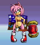  amy_rose areola boots bracelet breasts choker clothing colored detailed_background eyelashes female footwear fur gloves gradient_background green_eyes hairband half-closed_eyes hammer hand_on_hip hedgehog jewelry looking_at_viewer mammal mostly_nude navel nipples piko_piko_hammer pink_fur pose pussy sassy simple_background smile solo sonic_(series) sr tools twindrills video_games wide_hips 