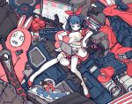  1girl apron bangs blue_eyes blue_hair book commentary computer copyright_request dodecahedron dress duel_disk explosive full_body grenade gun hairband hat helmet highres intel laptop limited_palette lying mario_(series) monitor nintendo no_nose omega_rei omega_sisters omega_symbol on_back otaku_room red_dress red_footwear red_hairband short_hair short_sleeves smr_omg solo thighhighs twitter_username virtual_youtuber weapon white_legwear youtube yu-gi-oh! yuu-gi-ou yuu-gi-ou_duel_monsters zettai_ryouiki 