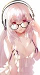  adjusting_eyewear bare_shoulders bespectacled breasts camisole cleavage collarbone dark_jeanne fingernails glasses granblue_fantasy headphones lips long_fingernails long_hair looking_at_viewer nail_polish nido_celisius red_eyes red_nails simple_background solo white_background white_hair 
