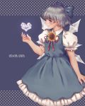 absurdres blue_dress blue_eyes blue_hair bow cirno commentary dress fingernails flower hair_bow heart highres ice ice_wings large_bow lips orz_(kagewaka) puffy_short_sleeves puffy_sleeves short_hair short_sleeves solo sunflower tanned_cirno touhou wings 