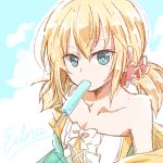  bangs bare_shoulders blonde_hair blue_eyes bow character_name collarbone edna_(tales) eyebrows_visible_through_hair flat_chest food hair_between_eyes looking_at_viewer mishiro_(andante) popsicle short_hair short_twintails solo tales_of_(series) tales_of_zestiria twintails white_bow 