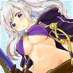  1girl bikini blue_background blush breasts brown_gloves commentary_request female_my_unit_(fire_emblem:_kakusei) fire_emblem fire_emblem:_kakusei fire_emblem_heroes gloves medium_breasts my_unit_(fire_emblem:_kakusei) o-ring o-ring_bikini open_clothes open_robe purple_bikini purple_eyes robe simple_background solo spoken_exclamation_mark swimsuit twintails twitter_username underboob white_hair yukia_(firstaid0) 