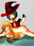  black_hair blonde_hair blue_eyes breasts cleavage commentary_request fingerless_gloves gloves green_eyes green_hair guilty_gear hat i-no kuzyou_kanon long_hair millia_rage multiple_girls nude open_mouth red_hat short_hair spanked spanking tears witch_hat 