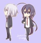  2boys :o ahoge artist_name black_hair dated honebami_toushirou male_focus moegi_(honey_122) multiple_boys namazuo_toushirou open_mouth pants ponytail purple_background purple_eyes touken_ranbu track_pants white_hair 