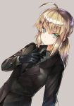  absurdres adjusting_clothes adjusting_necktie ahoge artoria_pendragon_(all) bad_id bad_pixiv_id bangs black_gloves black_jacket black_neckwear blonde_hair blush brown_background closed_mouth collared_shirt commentary_request dutch_angle eyebrows_visible_through_hair fate/stay_night fate/zero fate_(series) formal gloves green_eyes grey_shirt hair_between_eyes highres jacket long_hair long_sleeves looking_at_viewer necktie saber shiny shiny_hair shirt sidelocks signature simple_background solo sparkle suit utayoi_(umakatare) 