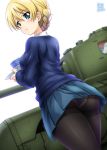  ass black_legwear blonde_hair blue_eyes blue_skirt blue_sweater blush braid breasts churchill_(tank) commentary_request cup darjeeling emblem from_behind girls_und_panzer ground_vehicle kamogawa_tanuki looking_at_viewer looking_back medium_breasts military military_vehicle motor_vehicle open_mouth panties panties_under_pantyhose pantyhose pleated_skirt saucer school_uniform shiny shiny_hair shiny_skin short_hair simple_background skirt solo st._gloriana's_(emblem) st._gloriana's_school_uniform standing sweater tank teacup thighs tied_hair underwear white_background 