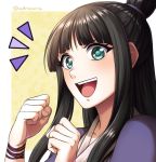  1girl adricarra ayasato_mayoi bangs black_hair blue_eyes blunt_bangs clenched_hands gyakuten_saiban long_hair looking_at_viewer open_mouth portrait smile solo topknot twitter_username wristband 
