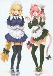  1girl absurdres alternate_costume animal_ear_fluff animal_ears apron astolfo_(fate) belt bird blonde_hair blue_eyes blush bow braid cat_ears cat_girl cat_tail catboy crossdressing dress eagle elbow_gloves embarrassed emblem enmaided eyebrows_visible_through_hair fang fate/apocrypha fate/grand_order fate_(series) flat_chest frilled_apron frills full_body garter_straps gloves gold_trim grey_background hair_intakes hands_up headpiece high_heels highres incredibly_absurdres jeanne_d'arc_(fate) jeanne_d'arc_(fate)_(all) kemonomimi_mode lion long_braid long_hair long_sleeves maid maid_apron maid_headdress multicolored_hair open_mouth orange_maru otoko_no_ko paw_pose pink_hair puffy_sleeves purple_eyes ribbon scan simple_background single_braid skindentation streaked_hair tail tail_bow tail_ribbon thighhighs two-tone_hair very_long_hair waist_apron white_apron wrist_cuffs yang-do zettai_ryouiki 