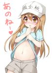  blue_shirt blush brown_eyes brown_hair brown_shorts commentary_request hand_on_own_chest hand_to_own_mouth hat hataraku_saibou highres kakukaku_(atelier_wings) lifted_by_self long_hair navel open_mouth platelet_(hataraku_saibou) shirt shirt_lift short_shorts shorts simple_background solo stomach white_background 