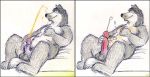  anthro balls bd big_penis black_nose canine cum cum_on_self eyes_closed fur grey_fur hand_on_chest humanoid_penis lying male mammal nude orgasm pen_(artwork) penis slightly_chubby smile solo traditional_media_(artwork) urine watersports 