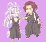  2boys antenna_hair artist_name closed_eyes dated hakama japanese_clothes long_hair low-tied_long_hair male_focus moegi_(honey_122) multiple_boys open_mouth ponytail purple_background purple_hair red_hair sandals sengo_muramasa_(touken_ranbu) smile sparkle tonbokiri_(touken_ranbu) touken_ranbu 