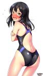  artist_name ass back black_hair black_swimsuit blush competition_swimsuit covering crossed_arms dated embarrassed flat_chest hair_between_eyes hair_ornament hairclip highres kantai_collection long_hair looking_at_viewer looking_back nose_blush one-piece_swimsuit open_mouth oyashio_(kantai_collection) simple_background solo standing sweatdrop swimsuit tears tsuchimiya wavy_mouth white_background yellow_eyes 