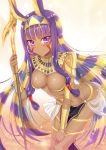  absurdres animal_ears bent_over bloom blush body_chain bracelet breasts cleavage commentary dark_skin day desert earrings egyptian egyptian_clothes facial_mark fate/grand_order fate_(series) gold gold_trim gu_li hairband highres hoop_earrings jackal_ears jewelry long_hair looking_at_viewer multicolored_hair nitocris_(fate/grand_order) outdoors pelvic_curtain purple_eyes purple_hair sand sidelocks smile staff tsurime very_long_hair 